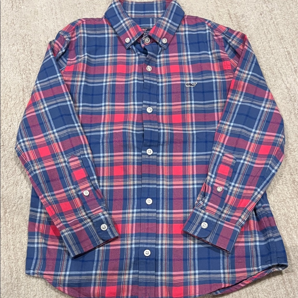 Vineyard Vines Blue and Watermelon Plaid Kids Button Down Shirt